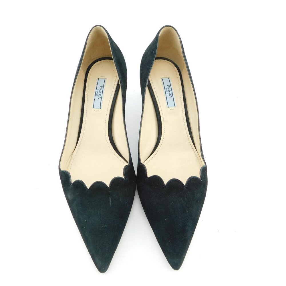PRADA Black Scalloped Suede Leather Dress Heel Pumps 38